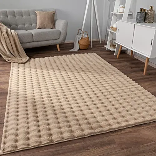 Paco Home Weicher Flauschiger moderner Bubble Wohnzimmer Teppich Hochflor Fell Geometrisches Design Hoch-Tief-Effekt, Grösse:60x100 cm, Farbe:Beige 3