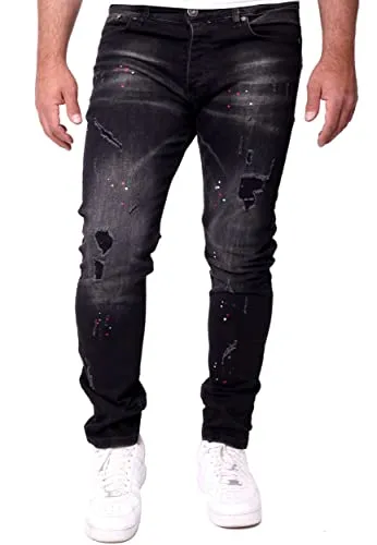 Reslad Herren Jeans Color-Splashes Slim Fit RS-2101 - Stylische Slim Fit Jeans für Herren in Schwarz W30/L32, aus elastischem Stoff für hohen Tragekomfort und coole Waschung – die perfekte Freizeithose für jeden Look!