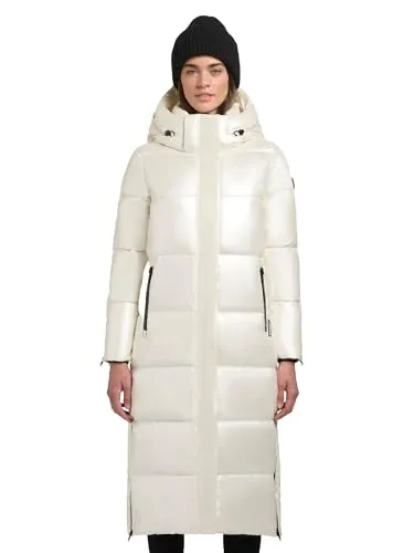 khujo Damen Winter Steppmantel Hedd Shiny-YM Offwhite Gr. L - Eleganter, langer Winter-Steppmantel mit abnehmbarer Kapuze. Das schimmernde Obermaterial verleiht einen modernen Look, während die wasser- und winddichten Eigenschaften optimalen Schutz bieten.