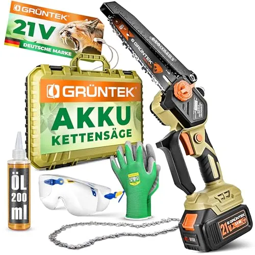 GRÜNTEK Akku Kettensäge 21V – Mini Motorsäge mit 2 Akkus im Koffer