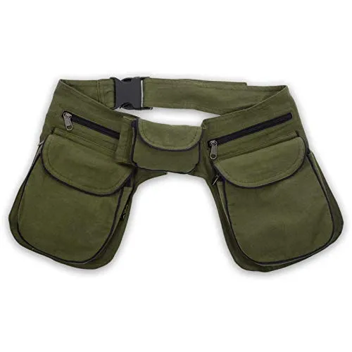 Kunst und Magie Doppel Bauchtasche - Army Green/Schwarz - Mode-Hüfttaschen mit 2 großen Taschen und verstecktem Reißverschlussfach, ideal für Festivals und unterwegs, fair hergestellt in Nepal.
