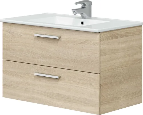 möbelando freiraum ECO KIT Waschtisch Unterschrank – Wandhängend, 80 cm, Canadian Eiche, 2 Soft-Close-Schubladen