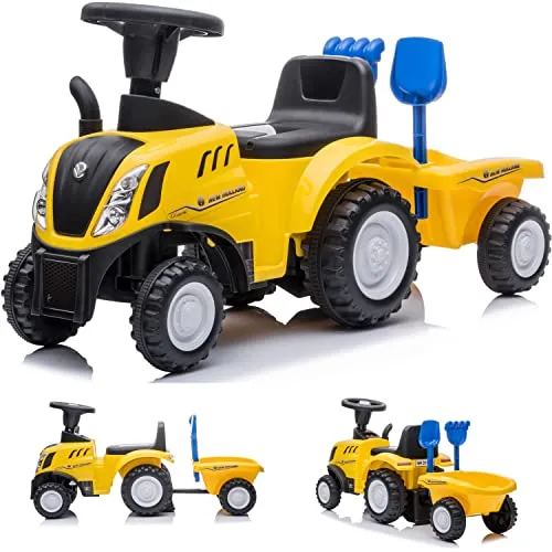 Kinder Rutschauto Rutschfahrzeug New Holland Traktor mit Anhänger Rutscherfahrzeug Kinderauto Kinderfahrzeug Laufhilfe mit Hupe Kunststoff (Gelb)
