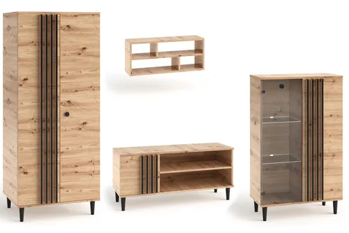 Wohnwand Anbauwand Schrankwand 4-teilig Artisan Eiche schwarz - Moderne Wohnwand für Ihr Wohnzimmer, 280 cm breit, mit 5 Türen und offenen Ablageflächen. Ideal für die stilvolle Präsentation Ihrer Unterhaltungselektronik. Robuste Spanplatte in Artisan Eiche Optik.