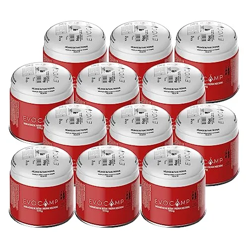 EVOCAMP Gaskartusche Butan 190g Typ 200 EN 417, 12 St. - Gaskartuschen für Camping und Outdoor, sicher und zuverlässig mit hoher Energieeffizienz – ideal für Ihre Abenteuer in der Natur.