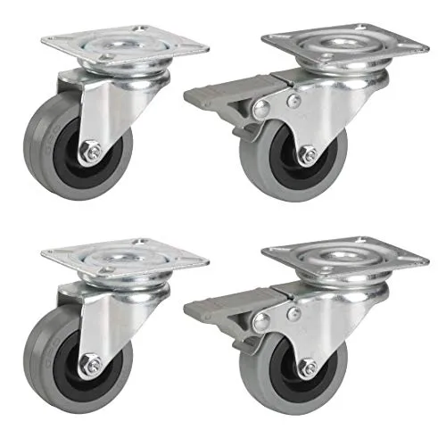 Dörner & Helmer Apparaterollen ø 50 mm (4 Stück, 2x mit Bremse, Gummirad, Platte 42x42 mm, Tragkraft 105 kg, Möbelrollen, Lenkrollen) 450100