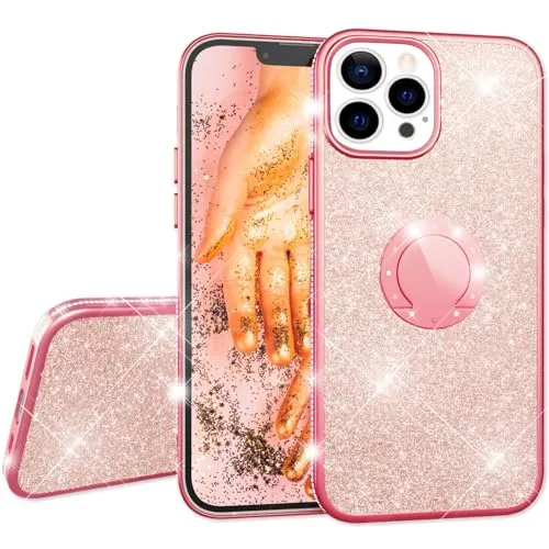 NALIA Glitzer Ringhülle kompatibel mit iPhone 13 Pro Hülle, 360-Grad Finger-Halter für Standfunktion & KFZ-Halterung, Glitter Case Stoßfest Silikon Schutzhülle Ring Handyhülle Cover, Farbe:Rose Gold