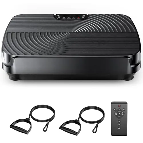 Vibrationsplatte 2025, Rüttelplatte Sport für Zuhause mit Widerstandsbänder, Leise Motor, rutschfest, 140kg Belastbar, für Fettverbrennung, Muskelentspannung, Stressabbau, Blutkreislauf