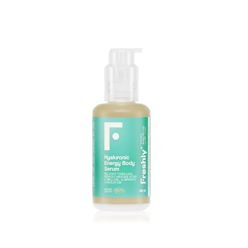 Freshly Cosmetics Hyaluronic Energy Körperserum 100ml - Tagespflege für müde Beine: Reduziert Krampfadern, Schwellungen und Wassereinlagerungen mit 8 pflanzlichen Wirkstoffen für sofortige Linderung und erfrischendes Wohlbefinden.