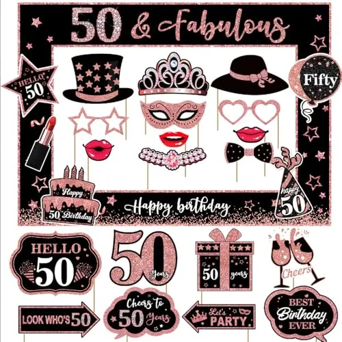50. Geburtstag Deko Frau – 25 Stück Fotobox Requisiten Set Schwarz Roségold Photo Booth Props Happy Fifty Geburtstag Party Selfie Deko für Sie (Roségold - 50.)