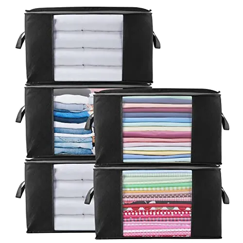 Withosent 5 Stück Große Aufbewahrungstaschen, 90L Schrank Organizer Set, Faltbare Kleideraufbewahrung mit Verstärktem Griff, Aufbewahrungstasche Organizer für Bettdecken, Kleidung, Bettwäsche