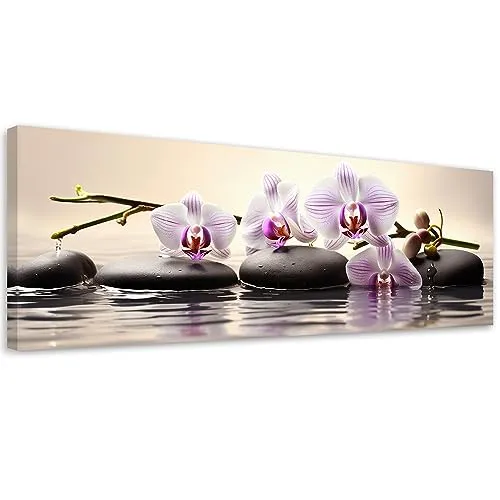 Feeby Bilder Orchidee Zen Spa 90x30 cm 1 tlg Modern Leinwandbilder Bild auf Leinwand Kunstdruck Wand Bild Wanddeko Design Schlafzimmer Büro Flur Hotel Spa Wohnzimmer Wasser Kerzen Steine Violett