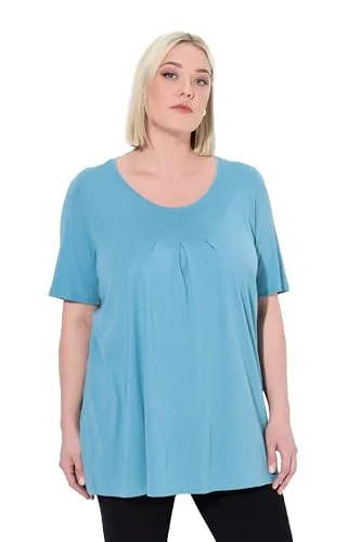 Ulla Popken Damen große Größen Übergrößen Plus Size T-Shirt, Zierfalten, A-Linie, Rundhals, Halbarm, Modal helles Petrol 42+ 796473714-42+