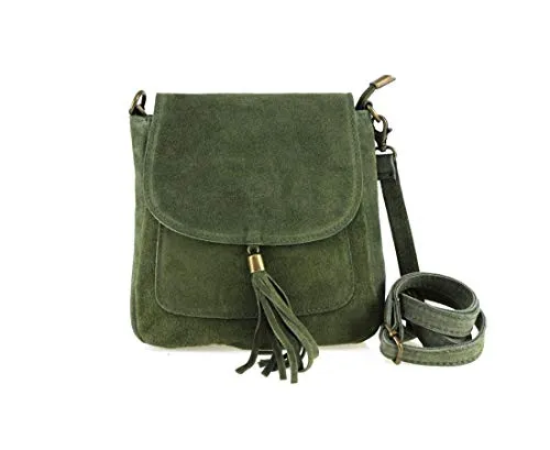 Made in Italy Damen Wildleder Messenger Bag mit Fransen – Schultertasche in Grün - Elegante Damenhandtasche aus 100% italienischem Wildleder. Mit verstellbarem, abnehmbarem Schultergurt und praktischem Magnetverschluss. Ideal für Freizeit und besondere Anlässe.