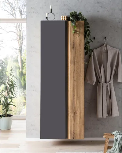 Badezimmer Hochschrank VASTO-03-GREY, 65cm, 2-türig - Badezimmerschrank mit Softclose-Funktion, wahlweise hängend oder stehend, aus hochwertigem MDF in modernem Wotan Eiche Dekor.