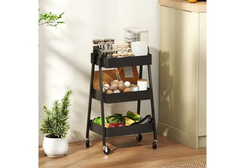 HOMCOM Servierwagen mit 3 Ebenen, Rollen und Bremse - Beistellwagen für Küche, Büro und Badezimmer. Der vielseitige HOMCOM Servierwagen bietet drei Ablagefächer mit Mesh-Böden für optimale Luftzirkulation und lässt sich dank der Rollen mühelos bewegen.