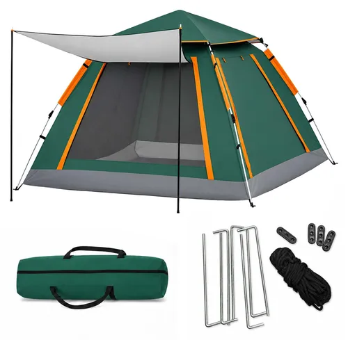 relaxdays Wurfzelt Campingzelt für 3-4 Personen mit Vordach in Grau/Grün/Orange
