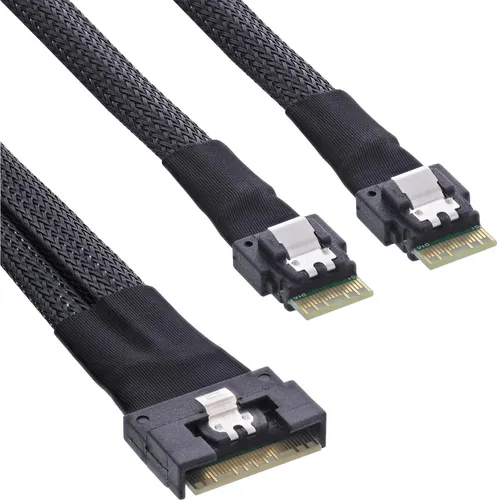 InLine Slim SAS Kabel, SFF-8654 8i zu 2x SFF-8654 4i, 0,5m - SAS Kabel und Adapter für zuverlässige Datenübertragung mit bis zu 24Gb/s pro Kanal, ideal für Server und Rechenzentren - sicheres Design mit Verriegelungs-Clip.