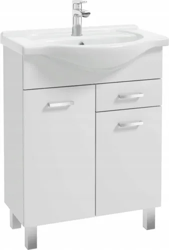 Stamar Badezimmer Waschtischunterschrank Stehend 65cm Weiß Hochglanz mit Keramikwaschbecken