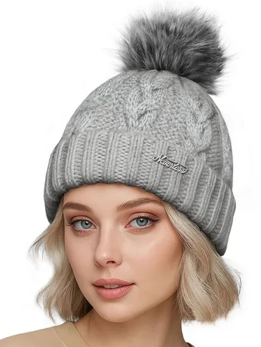 Neverless Strickmütze Damen Strickmütze Zopfstrickmuster Bommelmütze gefüttert mit Fleece
