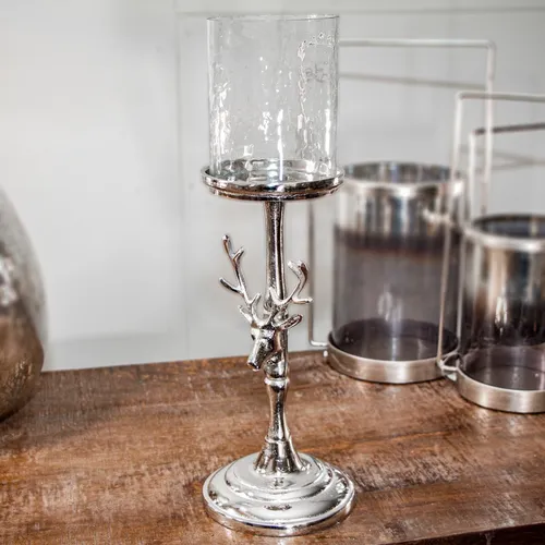 Kerzenhalter, Reh, Klein, Stumpenkerze | Aluminium, Silber | H.41,0 x B.14,0 cm