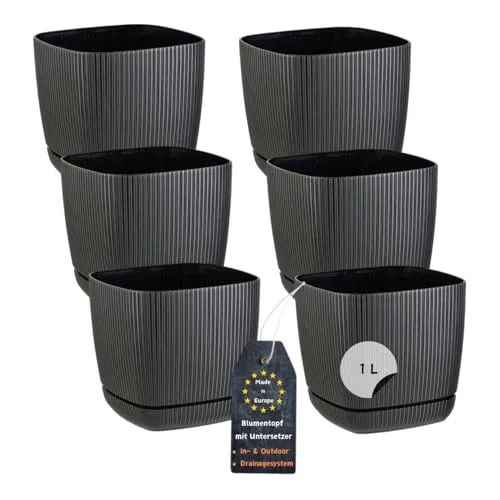 Engelland - 6 x Blumentopf mit Drainagesystem, Untersetzer, Farbe: Schwarz, Rillenoptik, Pflanz-Topf, Kübel, modern, Kunststoff, quadratisch, 12 x 12 cm, 1 Liter