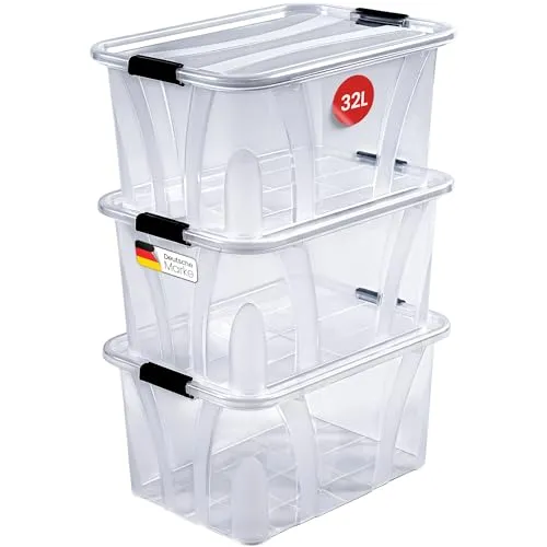 KONZEPT Aufbewahrungsbox mit Deckel 32L - 3er Set, BPA-frei - Aufbewahrungsbehälter mit Deckel, stapelbar und platzsparend, ideal für die Organisation von Wohn- und Büroräumen. Der robuste Verschluss sorgt für sicheren Halt und schützt den Inhalt.