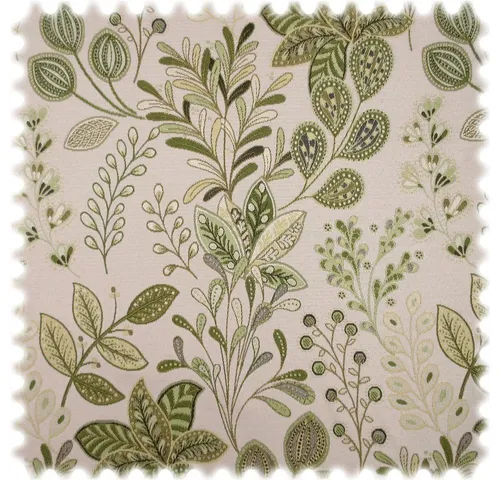 Jacquard Flachgewebe Möbelstoff Flores Oliv - Hochwertiger Jacquard Möbelstoff im modernen Blätter-Design, ideal für Polstermöbel und Accessoires. Vielseitig einsetzbar für Tischdecken und Dekorationen, bringt er frischen Wind in Ihre Einrichtung.