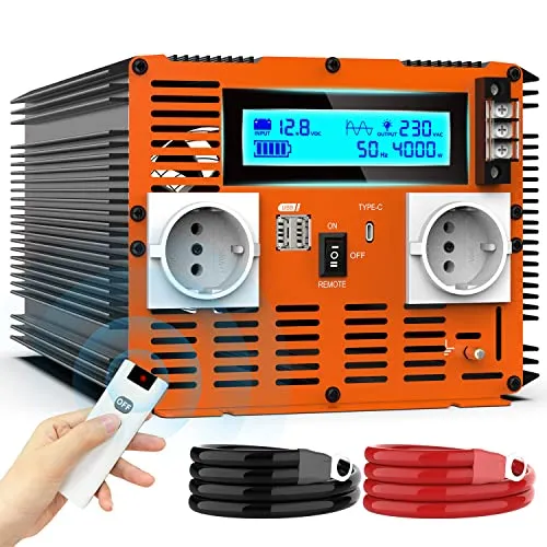 JARXIOKE 4000W Wechselrichter - Wechselrichter für Fahrzeuge mit 4000W reiner Sinuswelle, Fernbedienung, LCD-Bildschirm und vielseitigen Anschlüssen für effiziente Stromversorgung unterwegs.