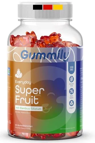 Premium Super Fruit Gummibärchen – Superfruchtmischung 220mg & Bambussilika 22mg – Mit Zink, Vitamin A, C & E – Vegan – 60 Stück – Gummily