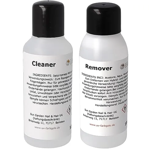 Sun Garden Nails Nagelreiniger Cleaner 100ml und Soak Off Remover 100ml - Special Nail Cleaner für UV Gele und Acryl Systeme - Nagellackentferner für UV Nagellacke und Hybridlack