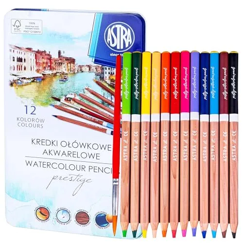 Astra Prestige 12 Aquarellstifte und Malpinsel mit Metallblech-Etui für Kinder und Erwachsene Künstler, Set mit FSC-zertifizierten, vorgeschärften Qualitäts-Zedernholzstiften