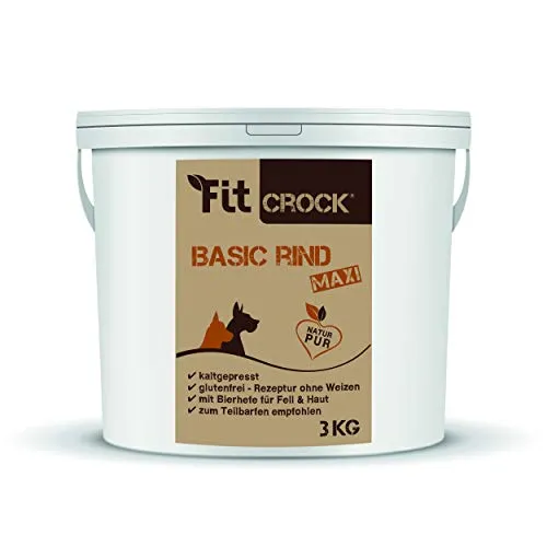 cdVet Fit-Crock Hundefutter trocken Basic Rind Maxi 3 kg, getreidefrei - Getreidefreies Hundefutter mit Rind und Meeresfisch für eine artgerechte Ernährung. Mit vitaminreichen Möhren und hochwertigen Fettsäuren bietet es eine ausgewogene und natürliche Mahlzeit für Ihren Hund.