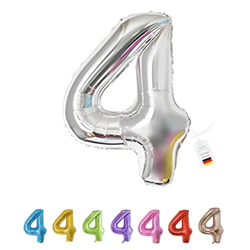 LITTLE BIRTHDAY | Zahlen Luftballon | Folienballon | Helium Gas Balloon Ballon | 101 cm | 0 1 2 3 4 5 6 7 8 9 in vielen Farben | Geburtstag | Kindergeburtstag | Deko | silber 4