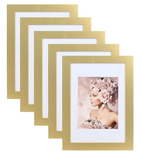 IDEAL TREND Pack Set Holz Bilderrahmen Foto Plexi Rahmen Acryl Collage Wanddeko Poster S215: Farbe: Gold | Format: 13x18 | Pack: 5