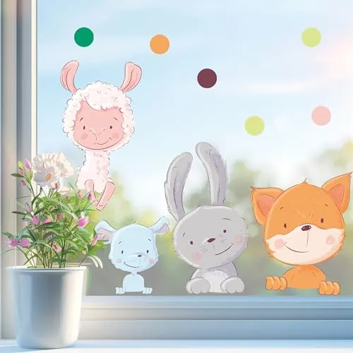 Sunnywall Fensterbild Schaf Fuchs Hase Maus – WIEDERVERWENDBAR A2 - Gestalten Sie Ihr Zuhause individuell mit diesem charmanten Fensterbild in A2. Beidseitig bedruckt und statisch haftend, lässt es sich einfach anbringen und immer wieder verwenden. Ideal für Kinderzimmer und als kreative Dekoration.