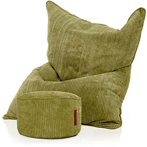 Green Bean XXL Sitzsack Set mit Pouf - Bequemer Riesensitzsack für drinnen - Sitzsäcke: Extragroßer XXL Sitzsack (180 x 140) mit passendem Pouf, abnehmbarer, waschbarer Bezug aus weichem Kord und ergonomischer EPS Füllung für optimalen Komfort.