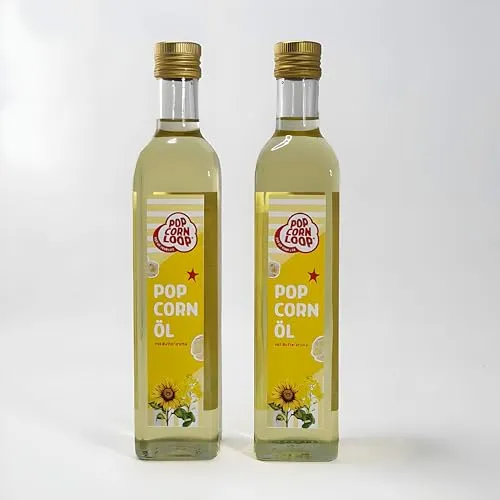 Popcorn Öl für Mais 2 x 500 ml Flaschen Hocherhitzbar Butter High Oleic Fett mit Butteraroma Buttergeschmack Oil Omega Hocherhitzbares Bratöl Popcornmaschine Zucker Salz Rapsöl Sonnenblumenöl