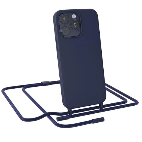 EAZY CASE - Handykette kompatibel mit iPhone 15 Pro Max - dünne Handyhülle Hülle mit Band als Fallschutz Kette zum Umhängen stoßeste Hülle Silikon mit Mikrofaser in Nacht Blau