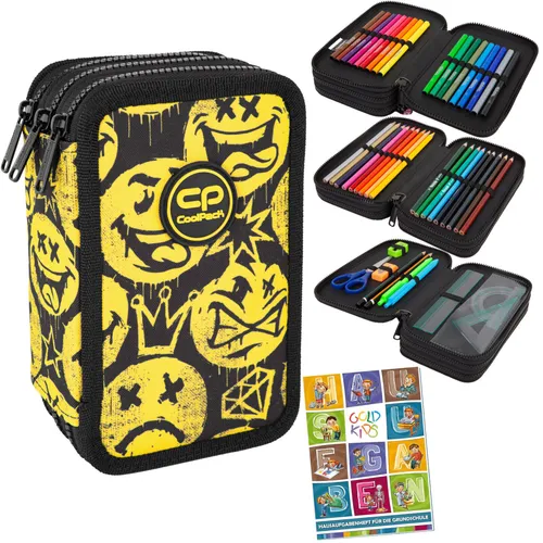 BE HAPPY 3-Fach Federmappe - Gefüllte Mäppchen für Schule - Federmappen & Schlamperrollen, gefüllte 3-Fach Federtasche mit buntem Design - perfekt für Schule und Hausaufgaben!