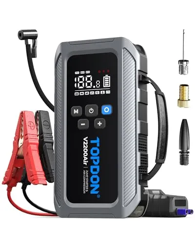 TOPDON V2200Air Starthilfe Powerbank für PKW mit 150PSI Luftkompressor, 8L Benzin&6L Dieselmotoren, Auto Starthilfe Booster Jump Starter(Sofortstart in 2 Sek), Ultraschnell Reifenkompressor, LED lampe