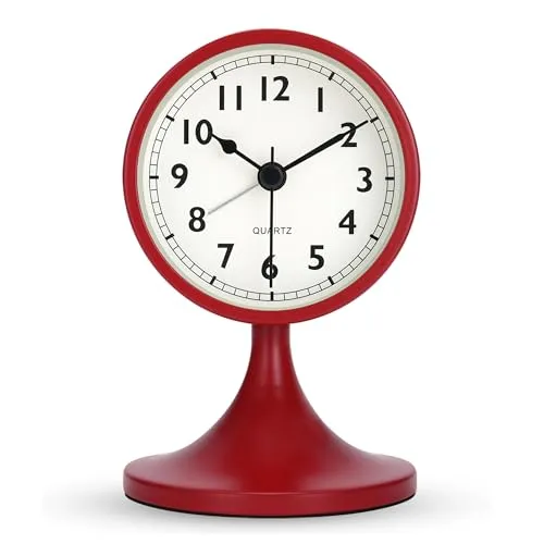 Lafocuse Wecker Analog Ohne Ticken, Tischuhr Metall Rot mit Nachtlicht und Schlummerfunktion, Klassisch Retro Vintage Wecker Batteriebetrieben für Nachttisch Schlafzimmer Büro 12.5cm