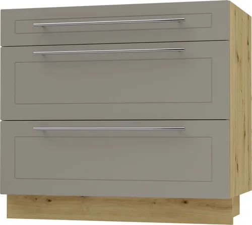 KVANTUM Schubladenunterschrank 90cm mit Teilauszug in beige matt/Eiche artisan