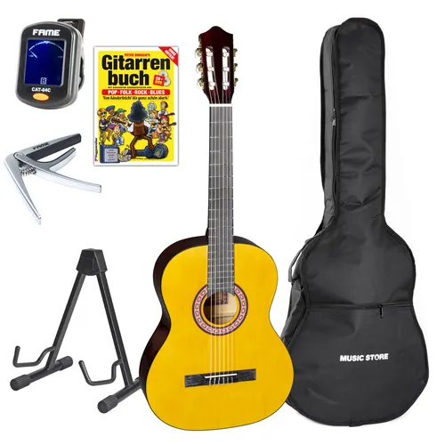 Konzertgitarre Set J & D CG-1 NT – Ideal für Anfänger - Vollständiges Selbstlernset für Anfänger mit 4/4 Konzertgitarre, Gitarrenständer, Gigbag, Stimmgerät, Kapodaster und Lehrbuch. Perfekt für den Einstieg in die Welt der Musik.