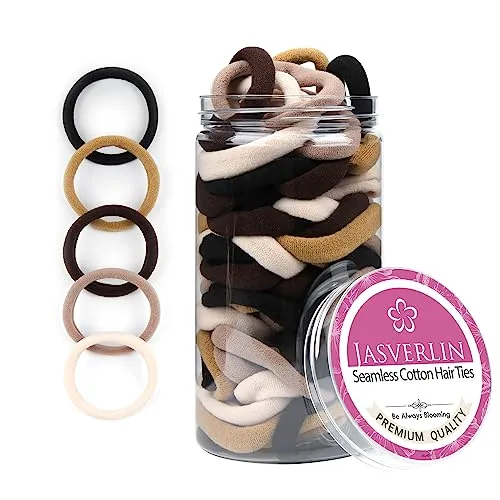 JASVERLIN 100 Stück nahtlose Baumwolle Haargummis, dicke Haare elastische Bänder weich keine Beschädigung Pferdeschwanz Halter für Frauen Mädchen 1,5 Zoll (5 Farben)