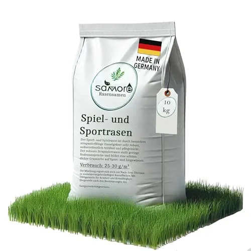 Rasensamen Sport und Spiel | schnellkeimend |reicht für 400m² Rasen | robust|tiefgrün | ideal für Neuansaat, Nachsaat, Rasensaat Grassamen | trockenresistent | dürreresistent - Made in Germany 10 kg
