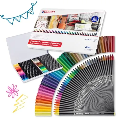 Edding Filzstifte 1300 - 40 Farben im Etui - Schreibutensilien mit 2mm Strichbreite, gleichmäßige Farbabgabe, ideal für kreative Zeichnungen und Layouts. Made in Germany, perfekt für Kinder und Erwachsene.
