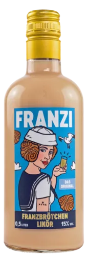 Franzi Franzbrötchenlikör 0,5l 15%vol. - Likör & Kräuterschnaps mit einzigartigem Geschmack nach Franzbrötchen – ein flüssiges Denkmal, das die süßen Aromen von Zimt und karamellisiertem Zucker in einer samtigen Textur vereint.