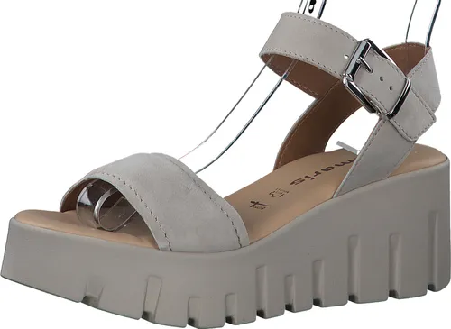 Keilsandalette TAMARIS für Damen, Gr. 41, grau (taupe) - Modische Riemchensandale aus Veloursleder mit auffälliger Plateausohle, ideal für den Sommer. Bequeme Dämpfungstechnologie für angenehmes Tragegefühl.