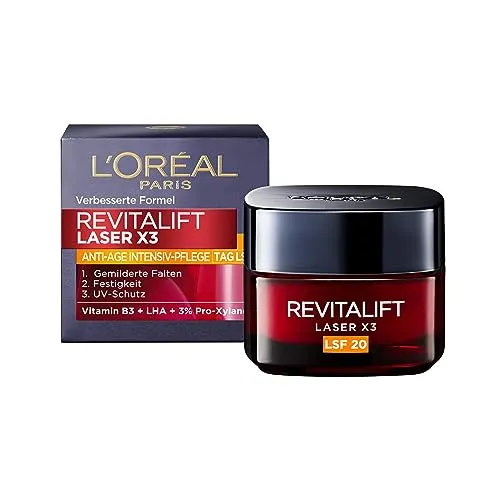 L'Oréal Paris Revitalift Laser X3 Tagespflege mit LSF 20 - Anti-Aging Gesichtscreme mit 3-fach Wirkung: Faltenkorrektur, Hautfestigung und UV-Schutz. Angereichert mit Vitamin B3 für eine straffe, belebte Haut. Ideal für alle Hauttypen.